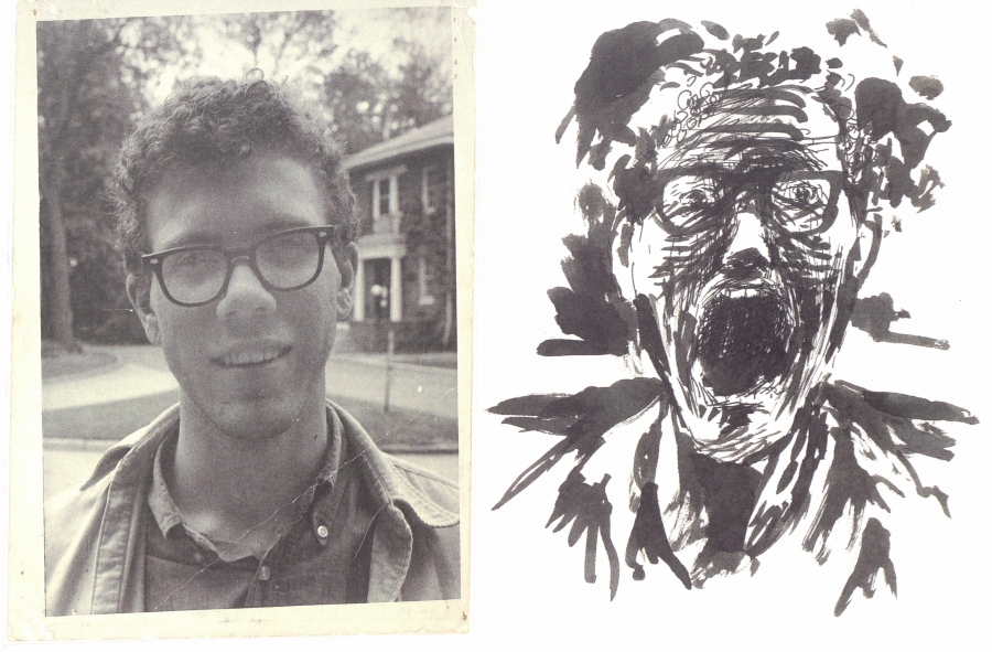 a black and white photo of Allan Troxler ’69 next to a black and white self-portrait he drew